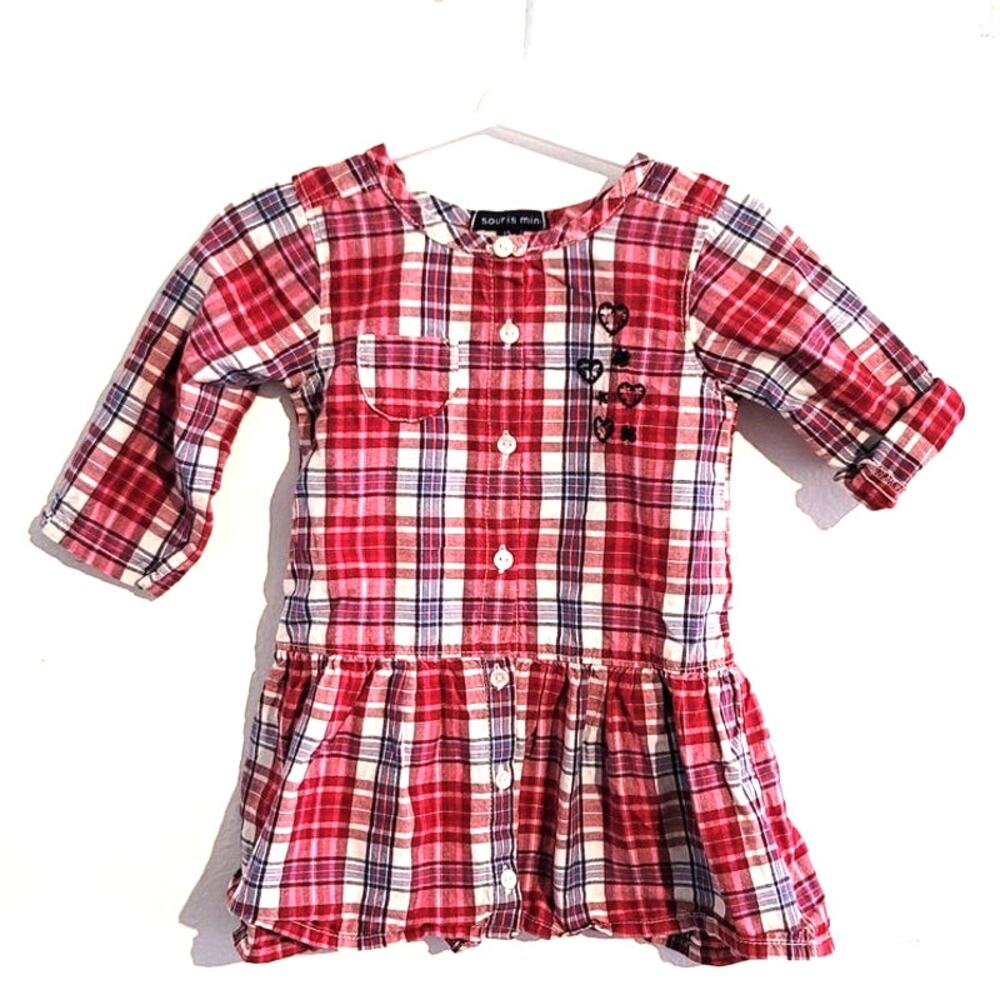 Souris Mini Plaid Button Front Embroidered Hearts Dress 12M